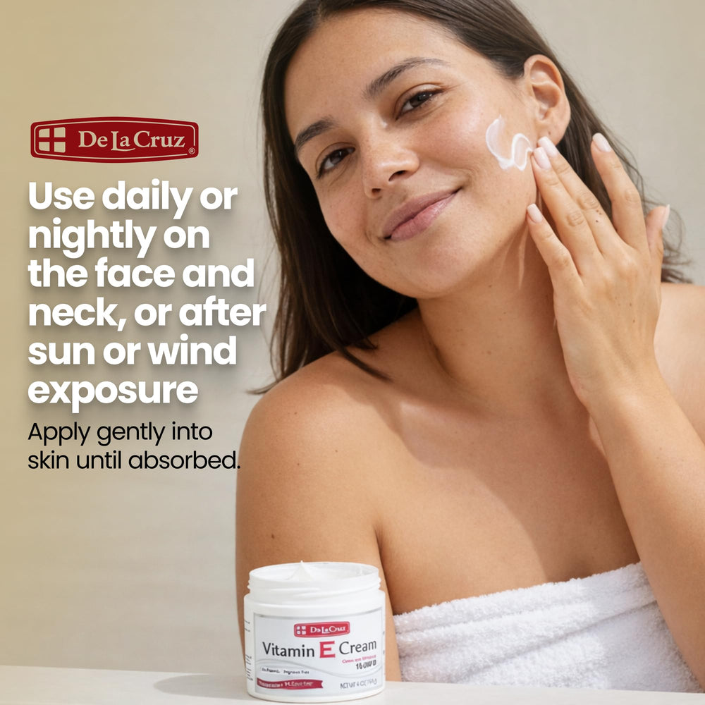 Application quotidienne sur visage et cou avec la crème Vitamin E De La Cruz.