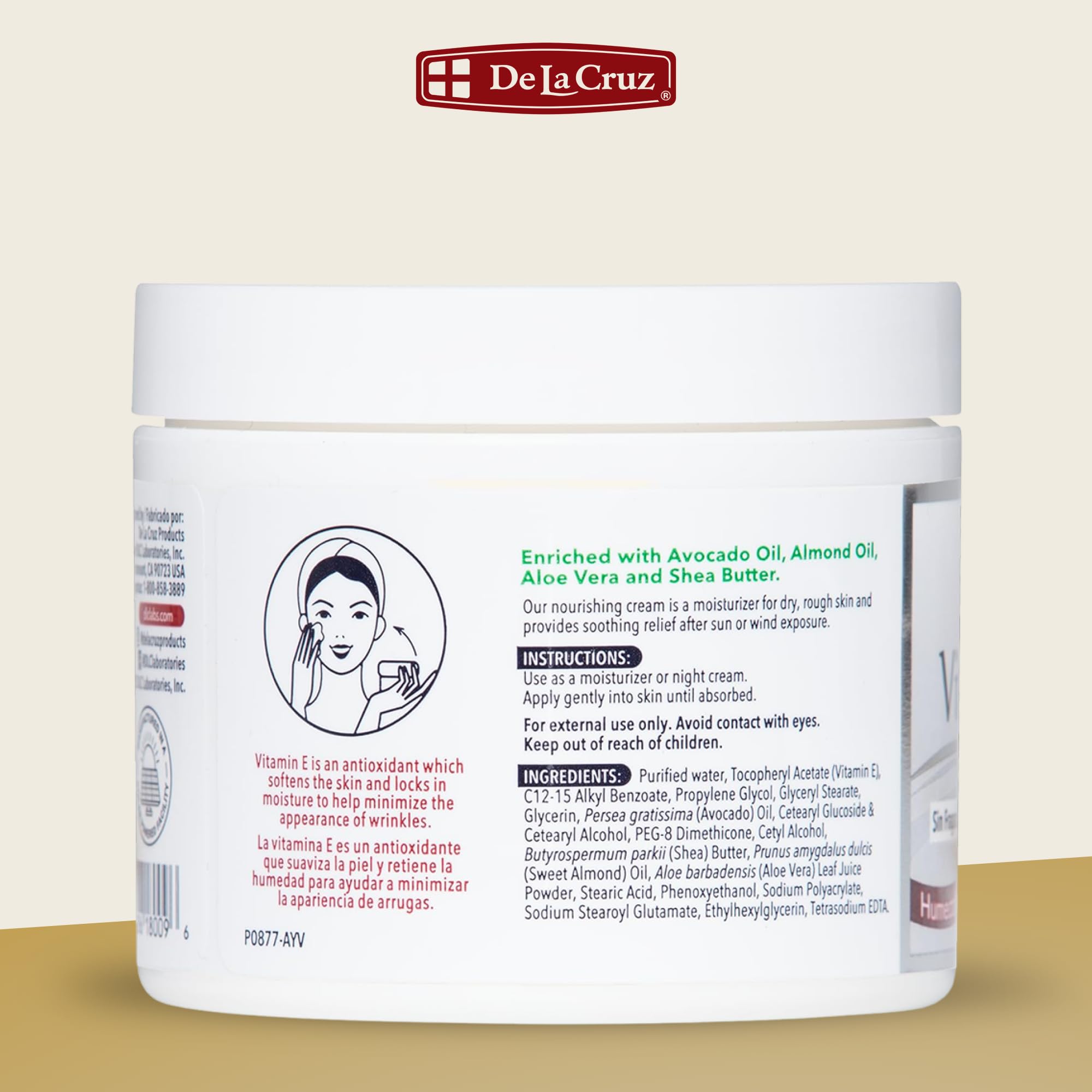 Sans parfum et sans colorants, crème visage De La Cruz Vitamin E.