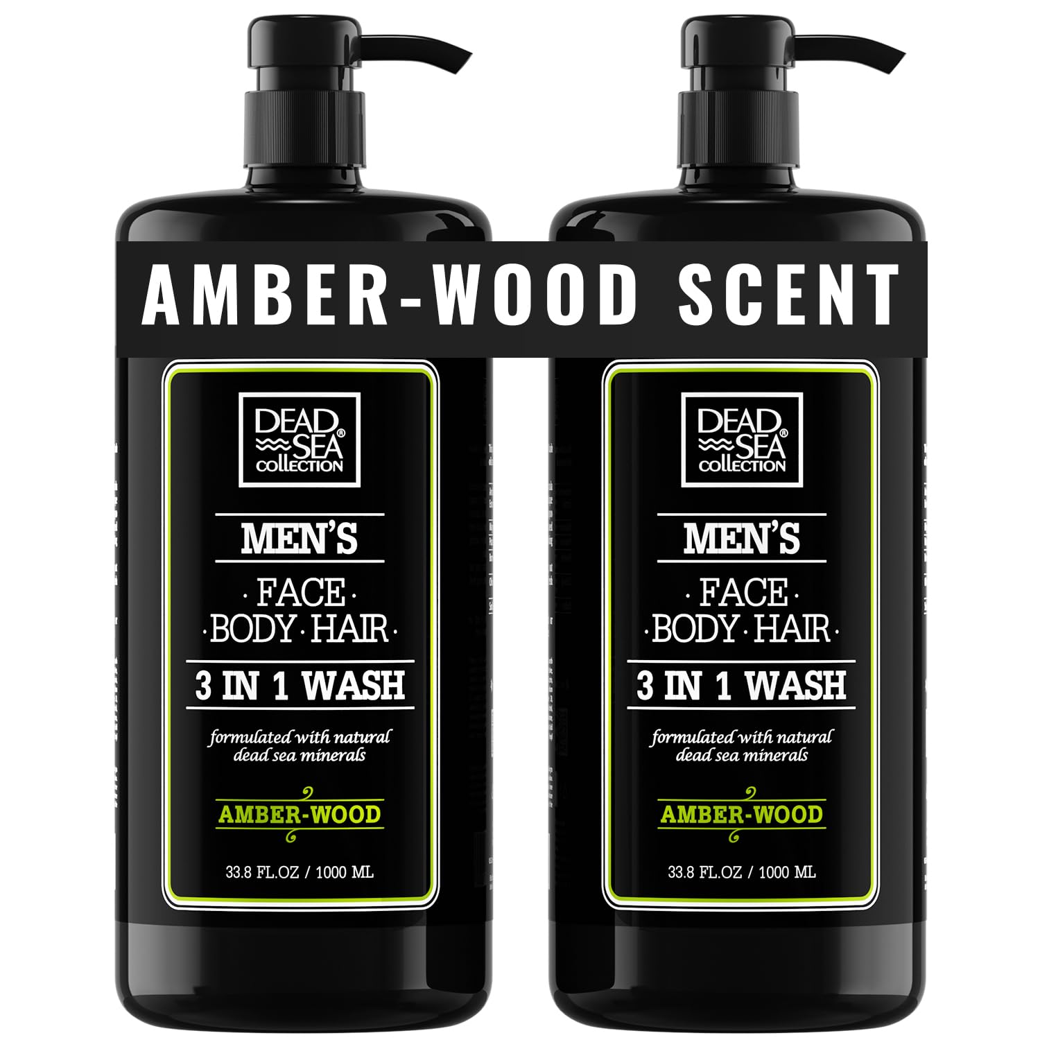 Dead Sea Collection Amber Wood, bouteille-pompe visible, parfait pour routine corps et cheveux.