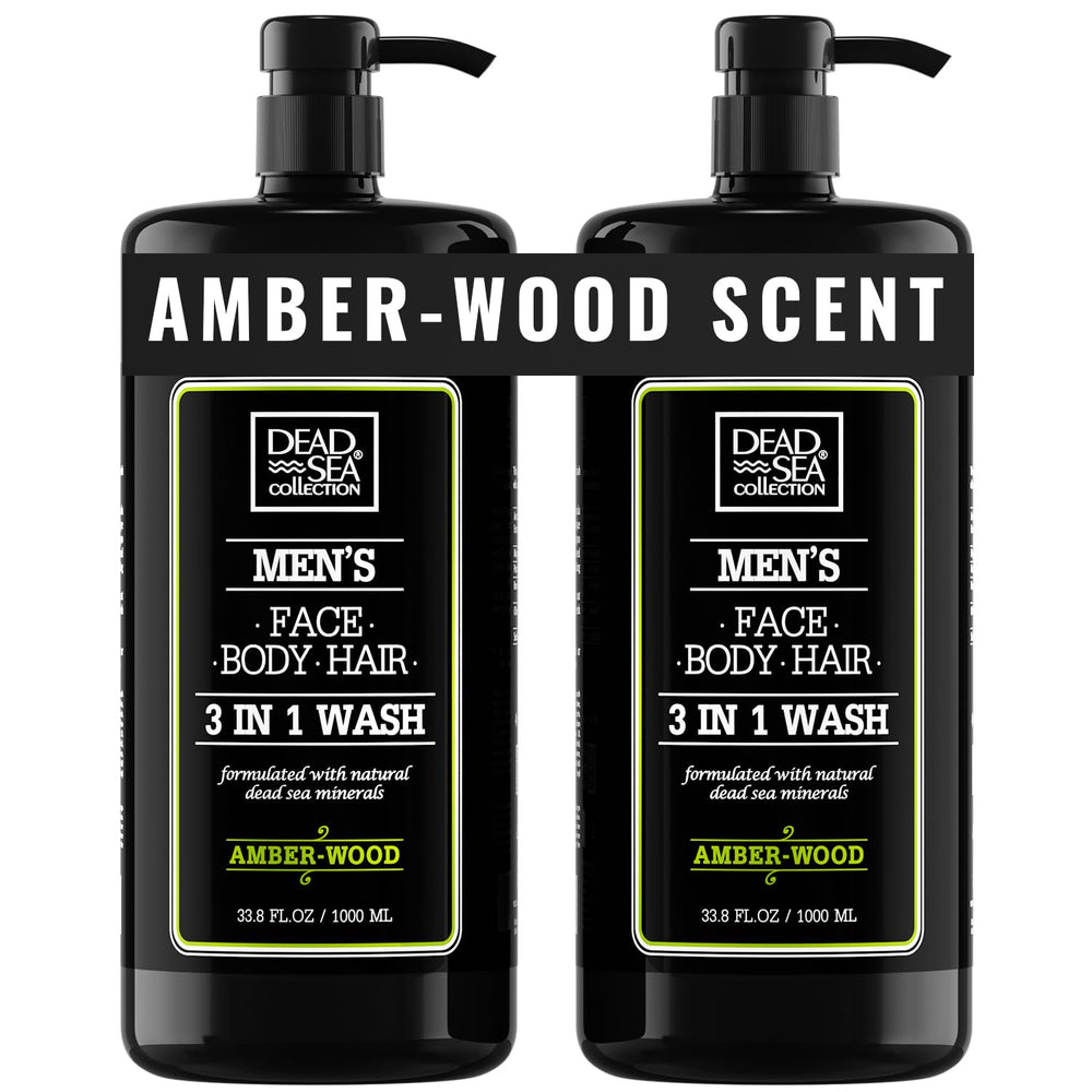 Dead Sea Collection Amber Wood, bouteille-pompe visible, parfait pour routine corps et cheveux.