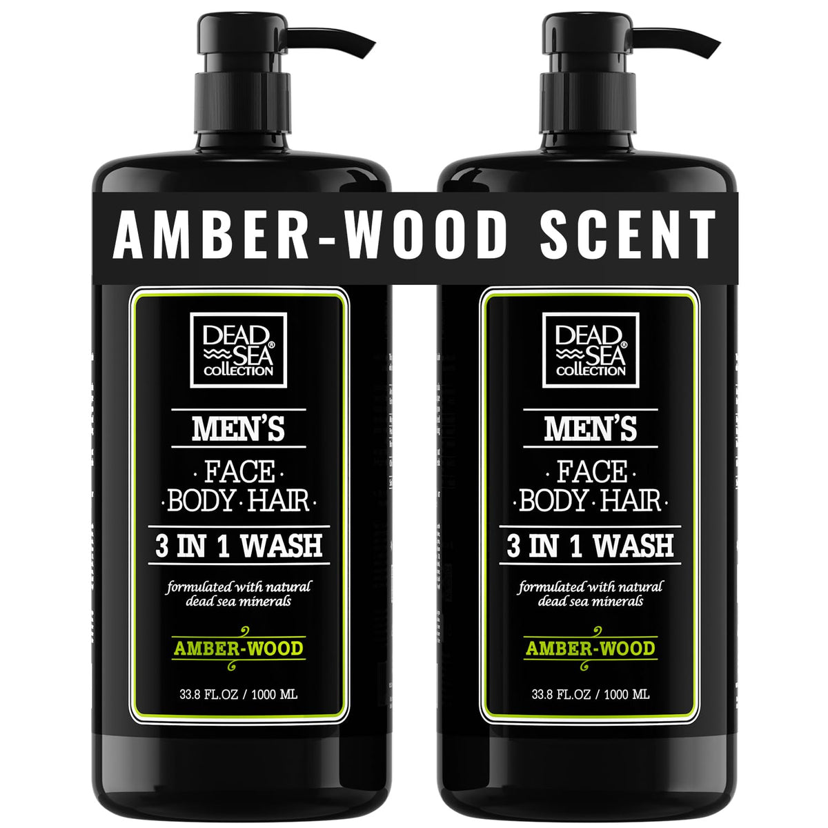 Dead Sea Collection Amber Wood, bouteille-pompe visible, parfait pour routine corps et cheveux.