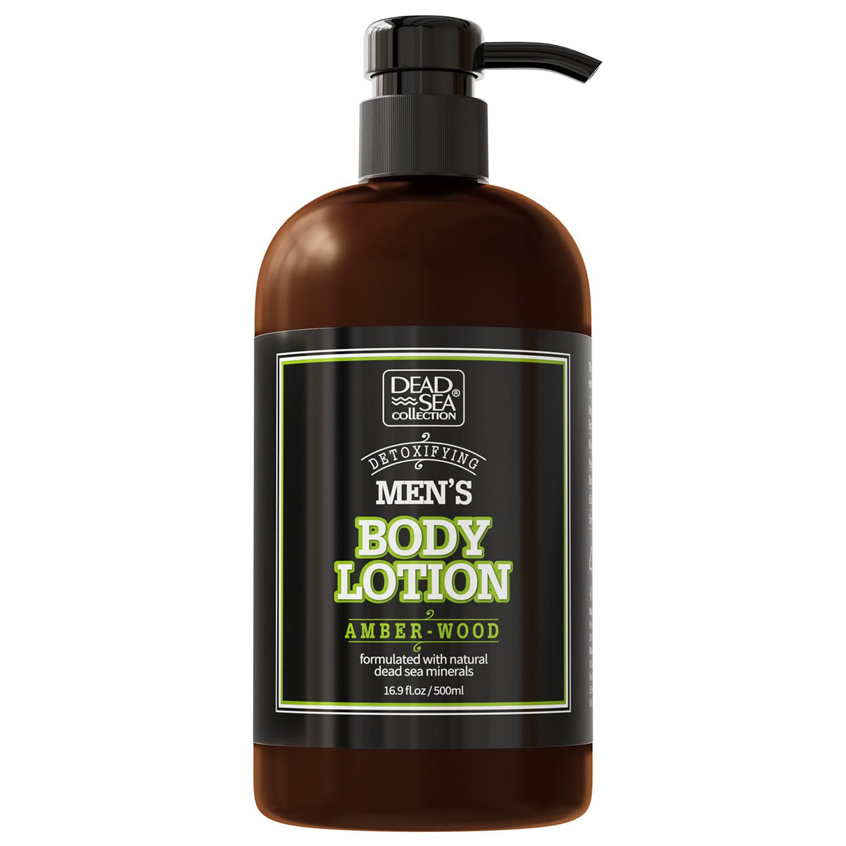 Dead Sea Collection Amberwood lotion corps, bouteille pompe pour hydratation durable.