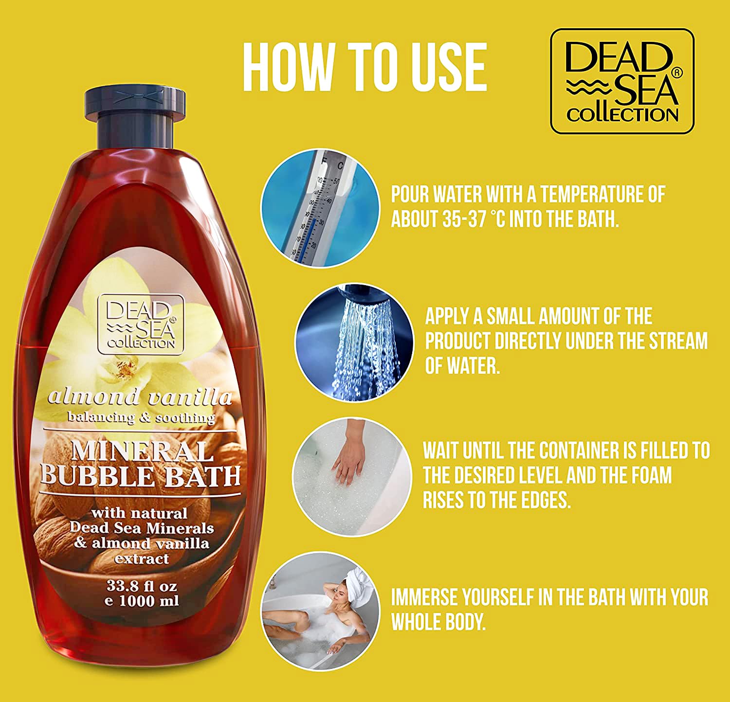 Dead Sea Collection bain moussant amande vanille, arôme riche et enveloppant.