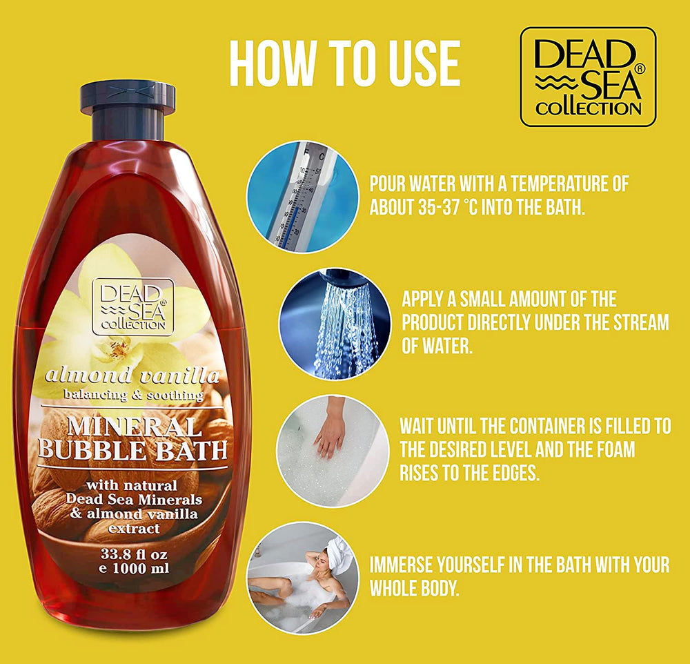Dead Sea Collection bain moussant amande vanille, arôme riche et enveloppant.