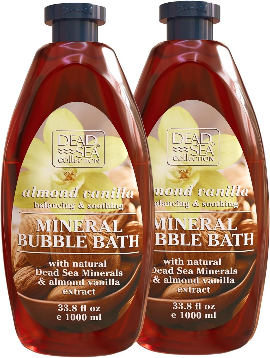 Dead Sea Collection bain moussant amande vanille – bouteille 1, hydratation douce pour la peau.