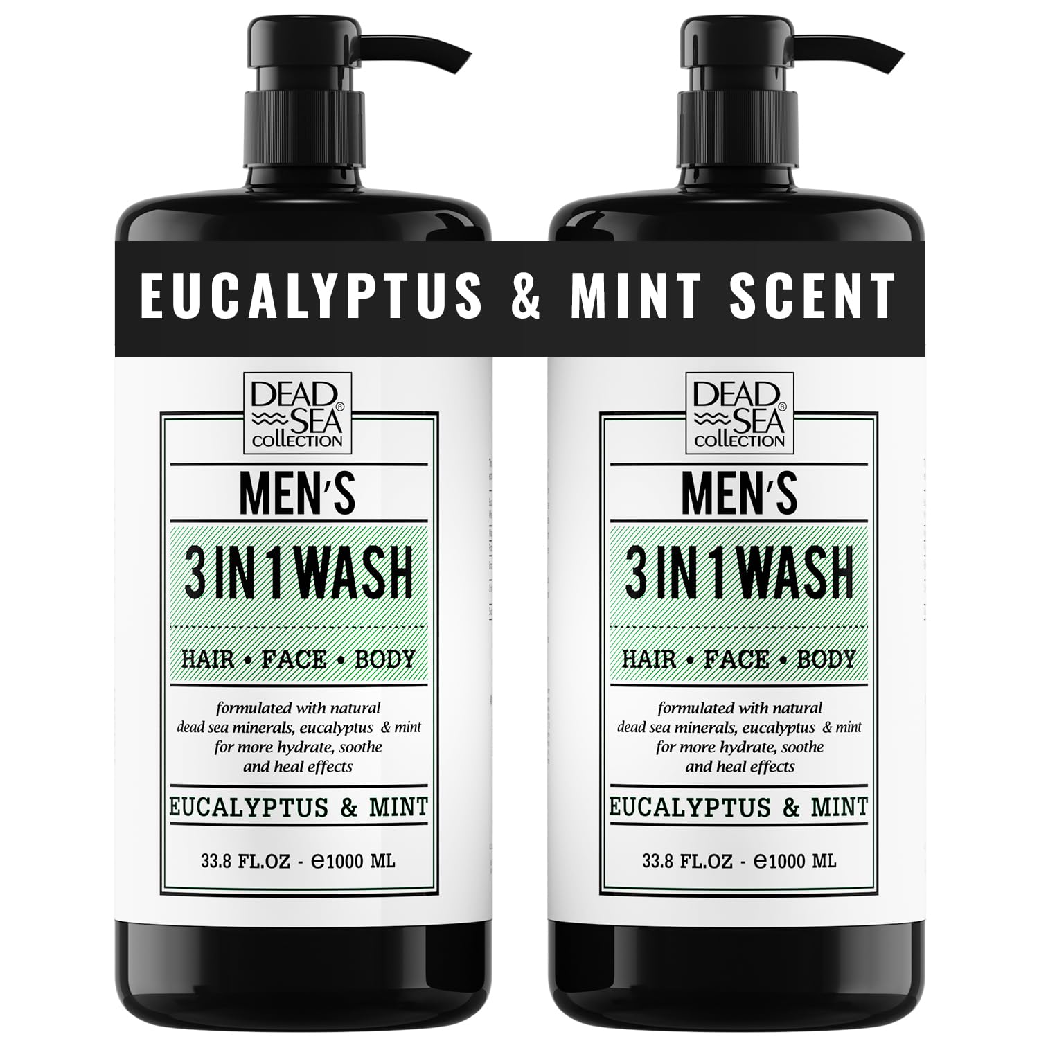 Dead Sea Collection Eucalyptus Mint - bouteille pompe 1000 ml: soin 3 en 1 pour corps, cheveux et visage.