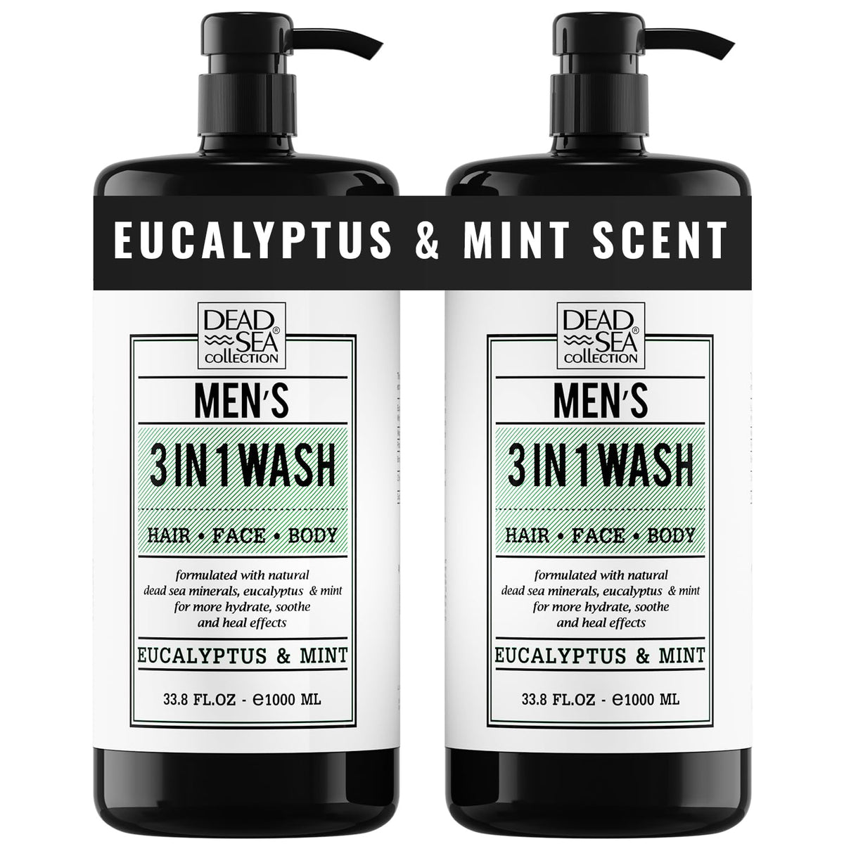Dead Sea Collection Eucalyptus Mint - bouteille pompe 1000 ml: soin 3 en 1 pour corps, cheveux et visage.