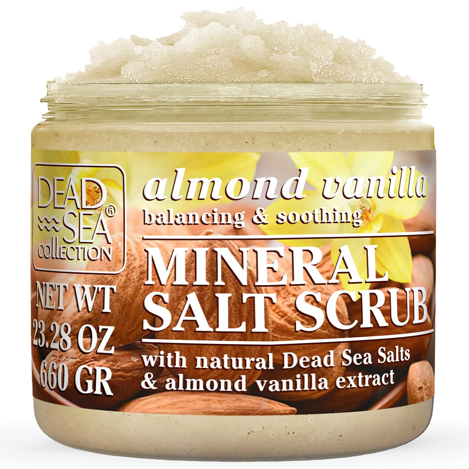 Gommage Dead Sea Collection au sel amande vanille dans le pot, exfoliation satinée.