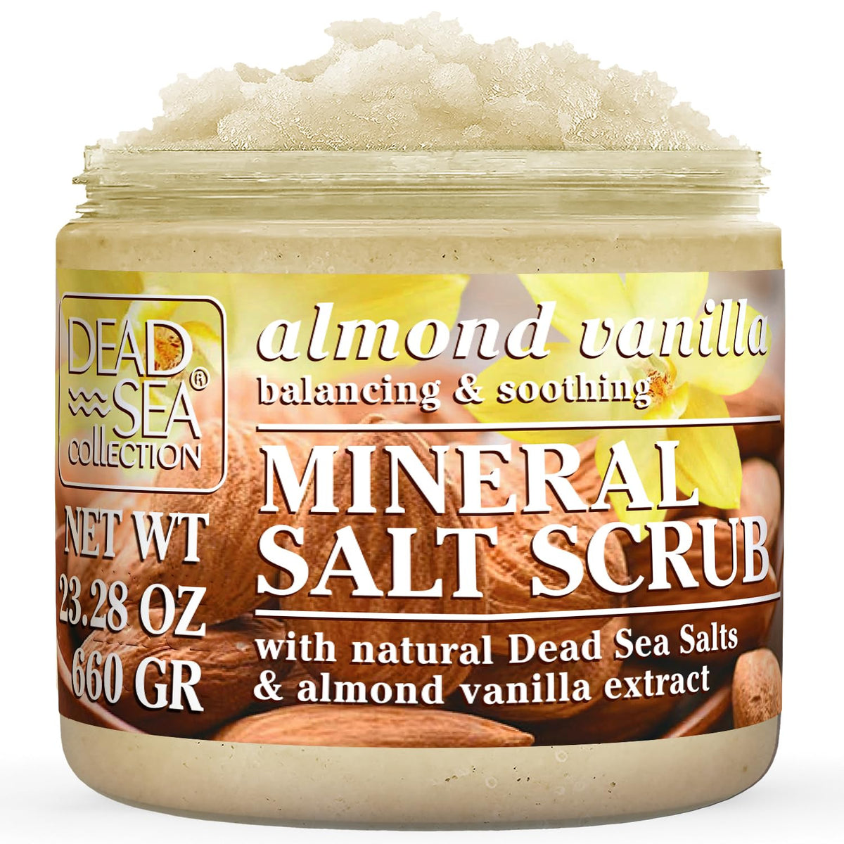 Gommage Dead Sea Collection au sel amande vanille dans le pot, exfoliation satinée.