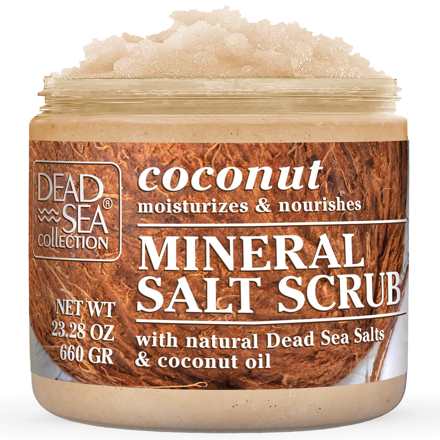 Dead Sea Collection gommage sel coco dans un bocal, exfolie en douceur.