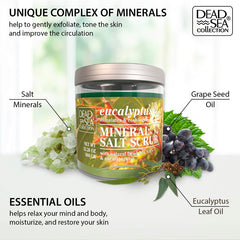 Dead Sea Collection gommage sel eucalyptus – huile pure pour hydratation durable.