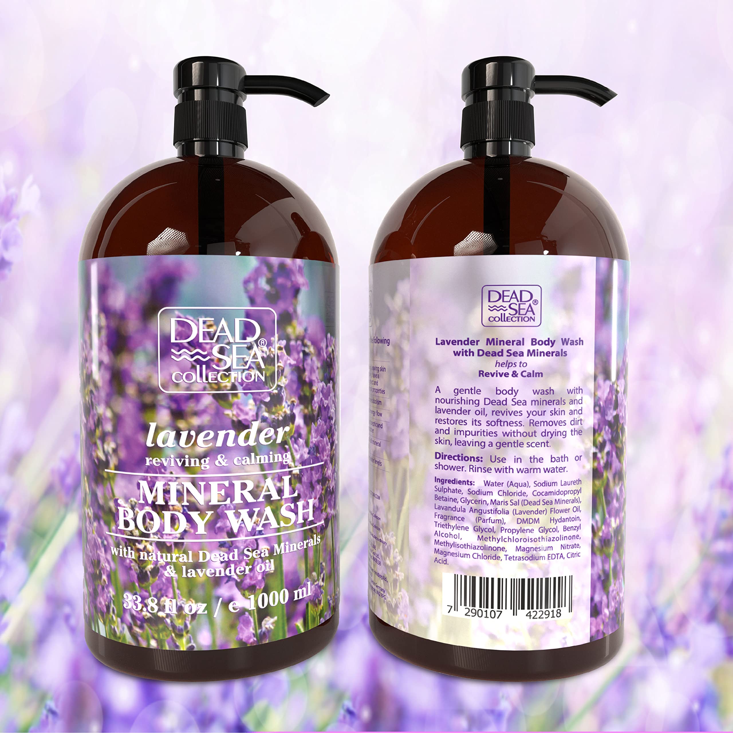 Gel douche Dead Sea Collection lavande, etiquette-bouteille, présentation soignée idéale pour cadeau.