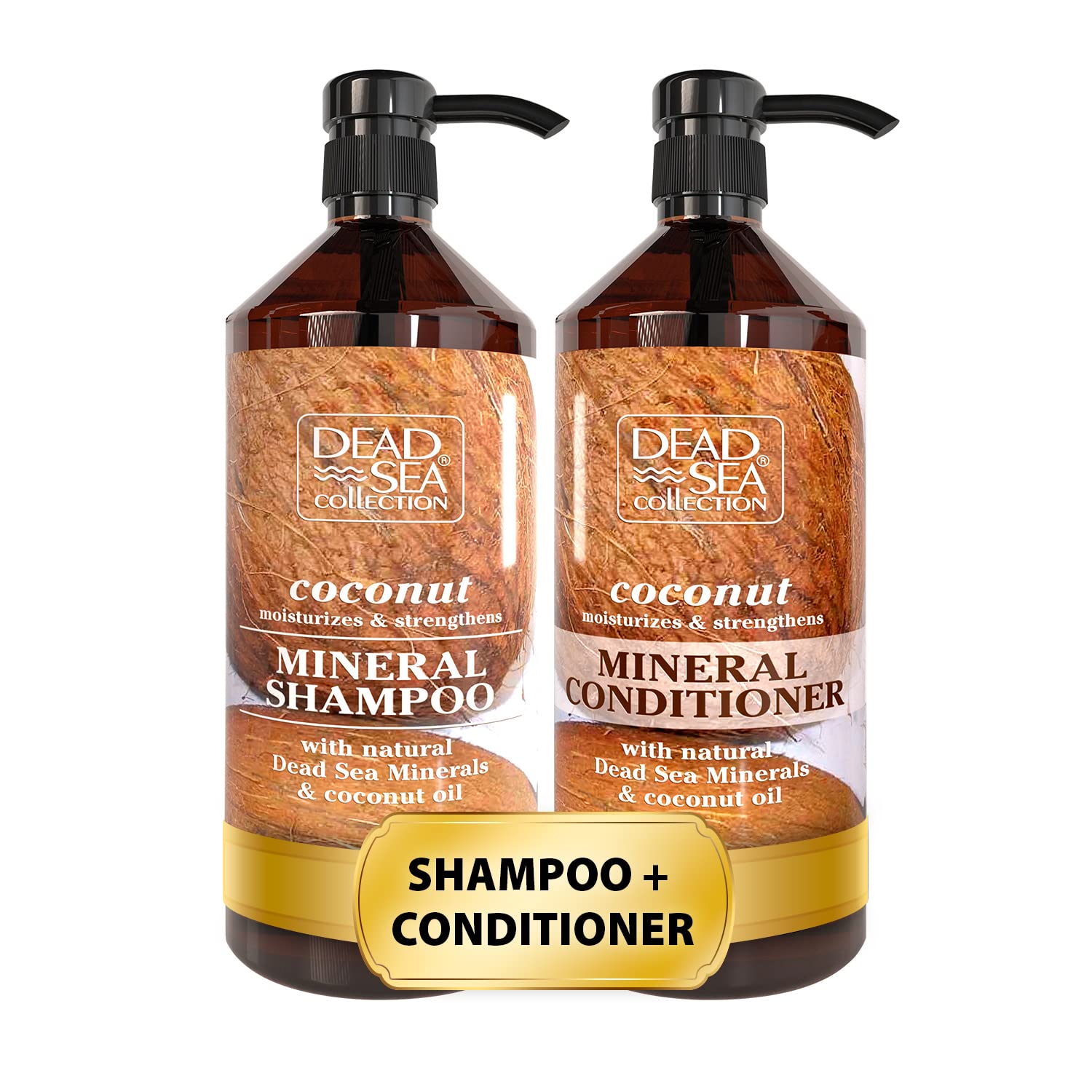 Dead Sea Collection shampoo bouteille avec huile de coco, hydratation quotidienne recommandée.