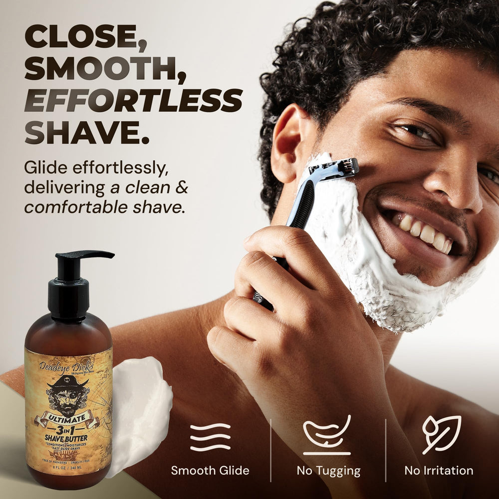 Application visage du Deadeye Dick's 3-en-1 Shave Butter pour un rasage précis.