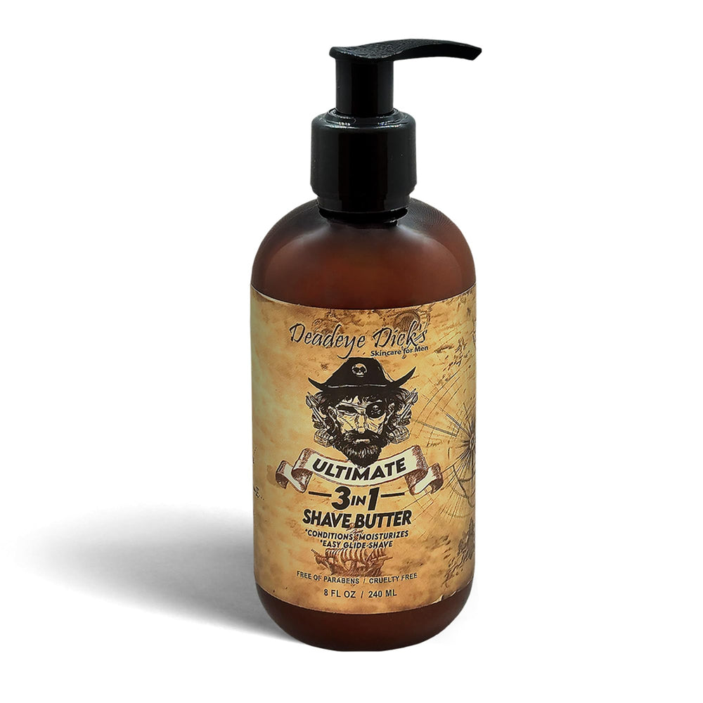 Deadeye Dick's 3-en-1 Shave Butter sur bouteille; rasage précis et hydratant.