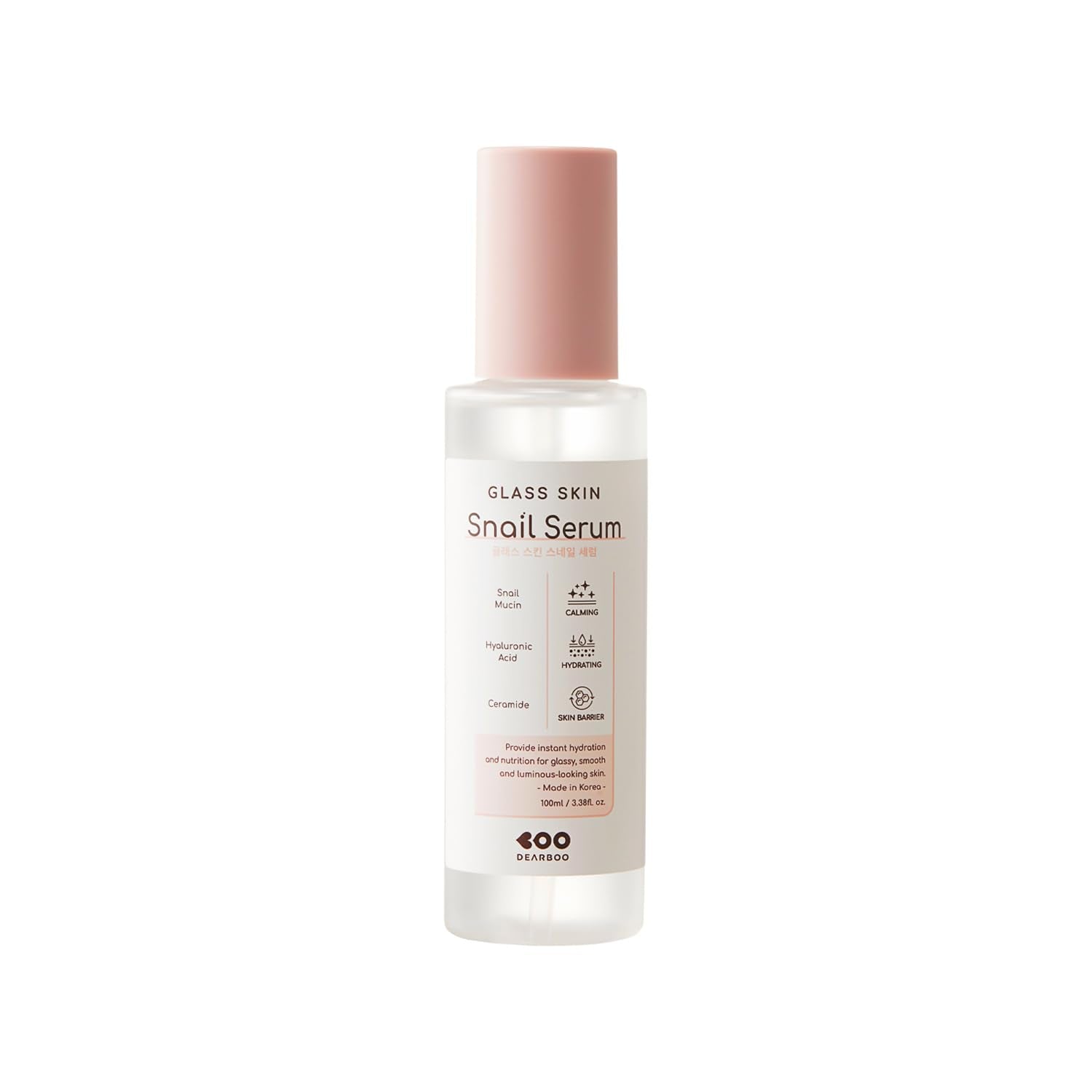 DEARBOO Glass Skin Snail Serum – bouteille élégante prête à hydrater en profondeur.