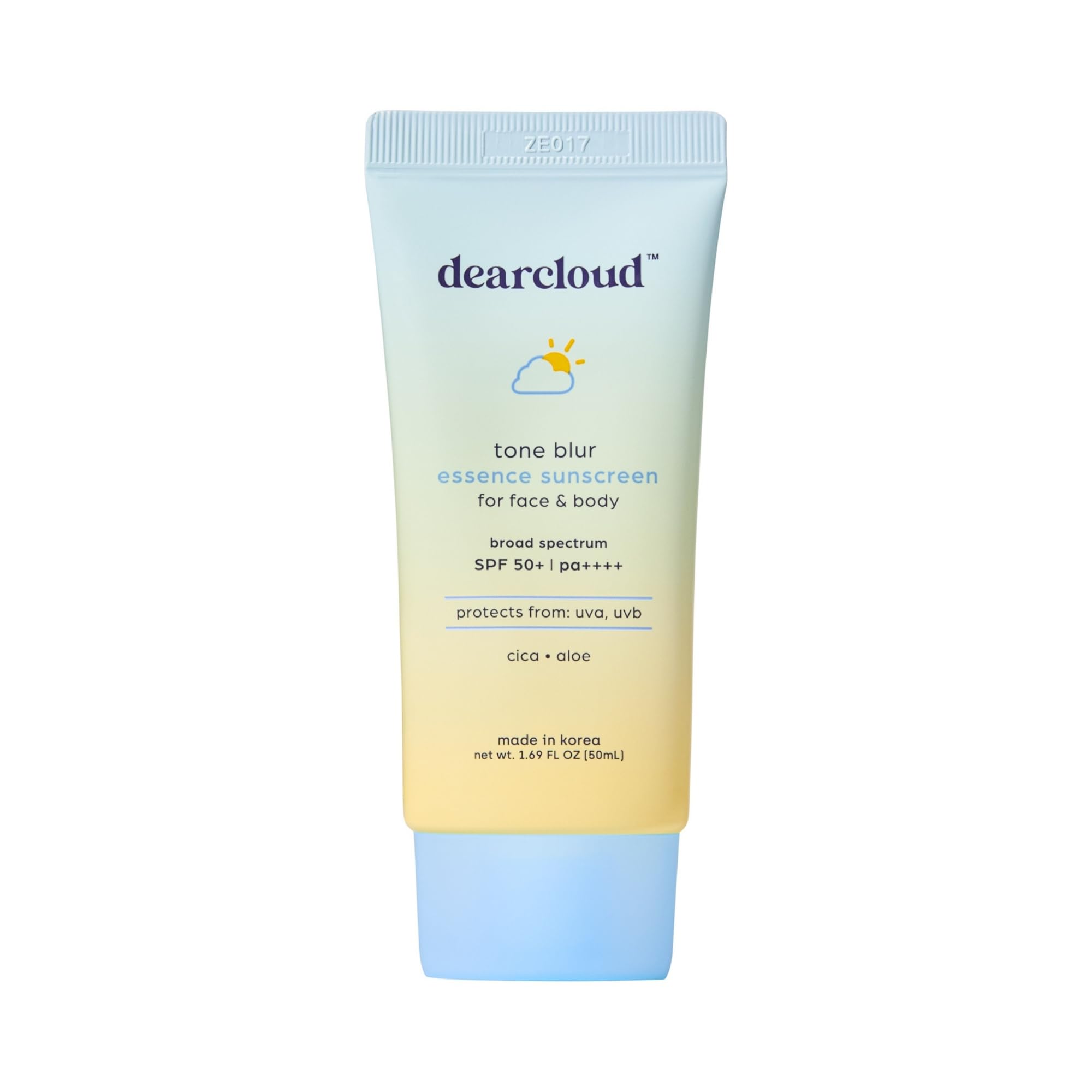 Dearcloud Tone Blur Essence pack shot montre une protection UVA UVB et un fini lissant sans traces blanches.