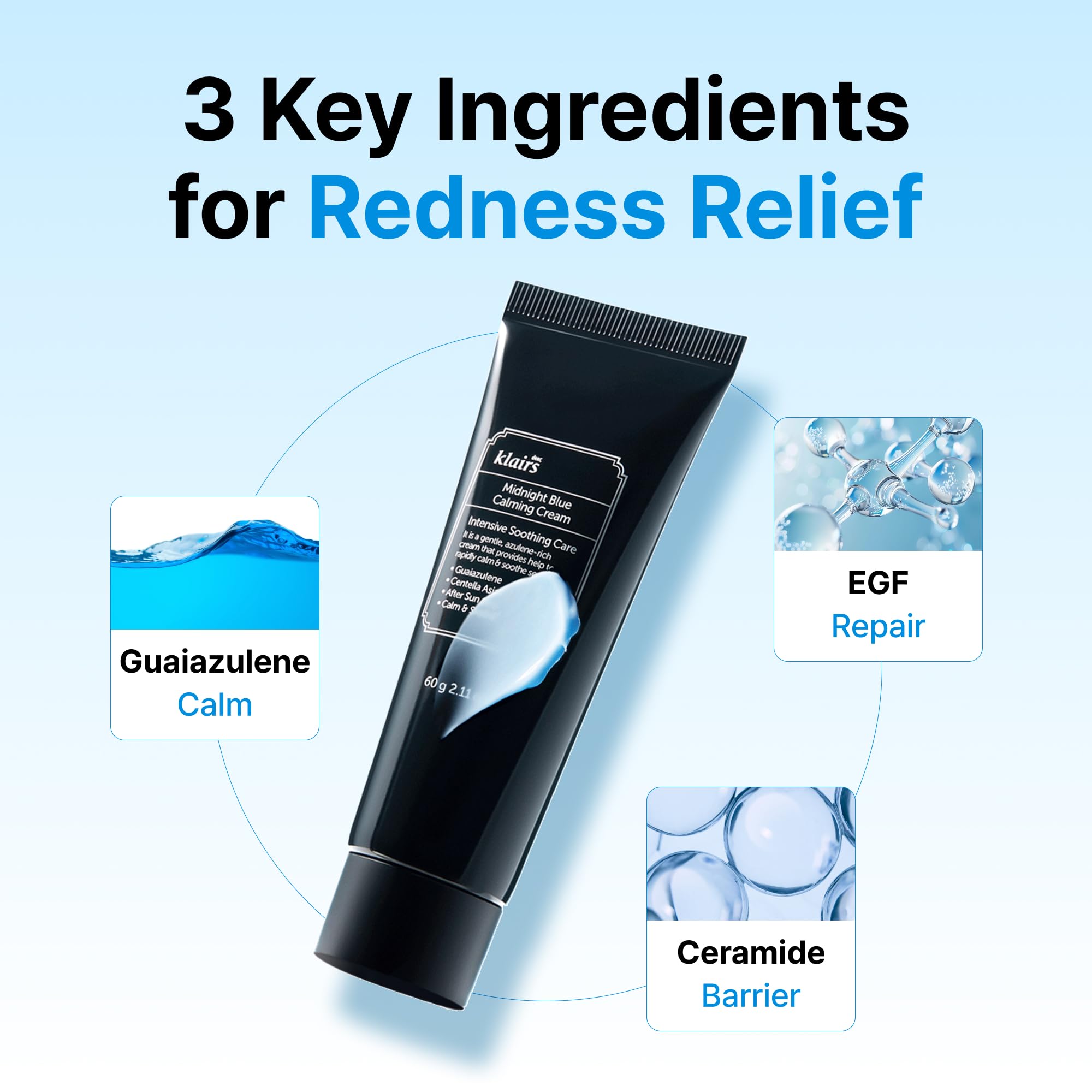 DearKlairs crème apaisante bleu nuit en train de s'étaler, texture légère qui pénètre rapidement.