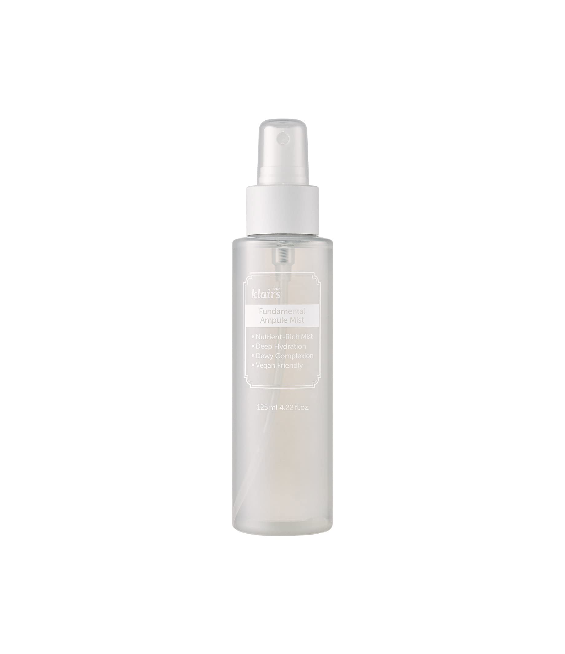 DearKlairs Fondamental Brume Ampoule – flacon élégant prêt à hydrater rapidement.
