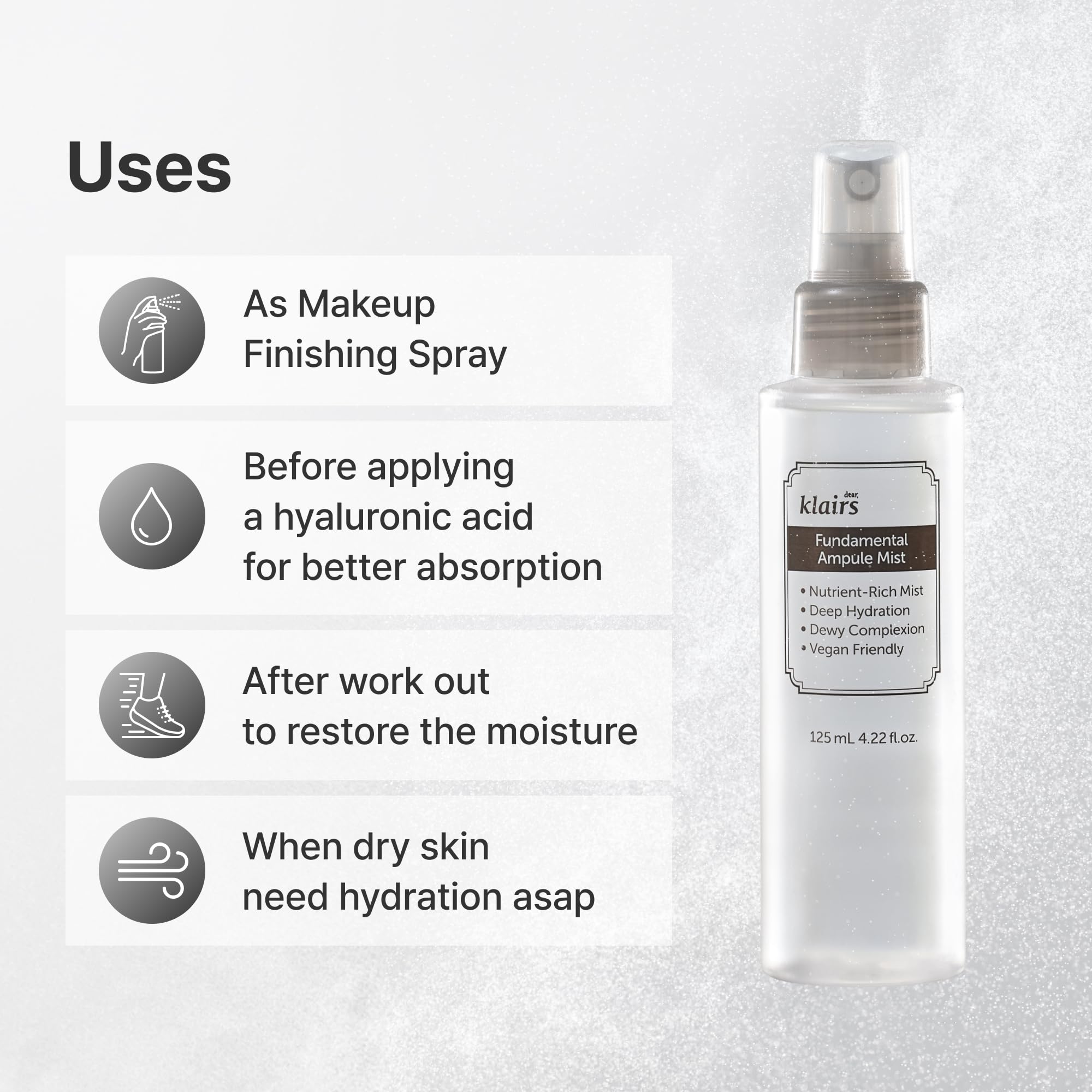 DearKlairs Fondamental Brume Ampoule – concombre rafraîchissant pour calmer et hydrater.