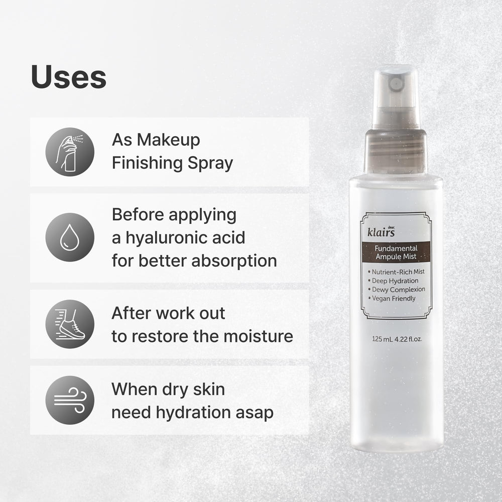 DearKlairs Fondamental Brume Ampoule – concombre rafraîchissant pour calmer et hydrater.