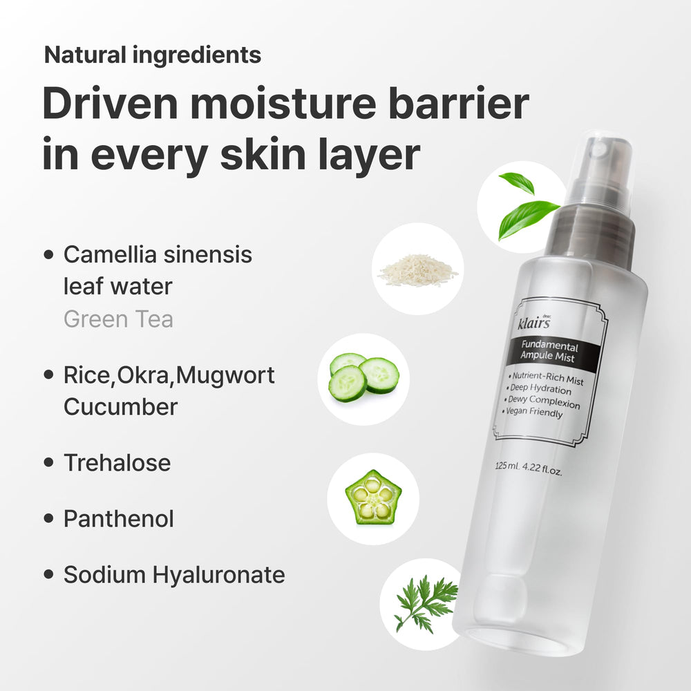 DearKlairs Fondamental Brume Ampoule – thé vert pour une peau nourrie et revitalisée.