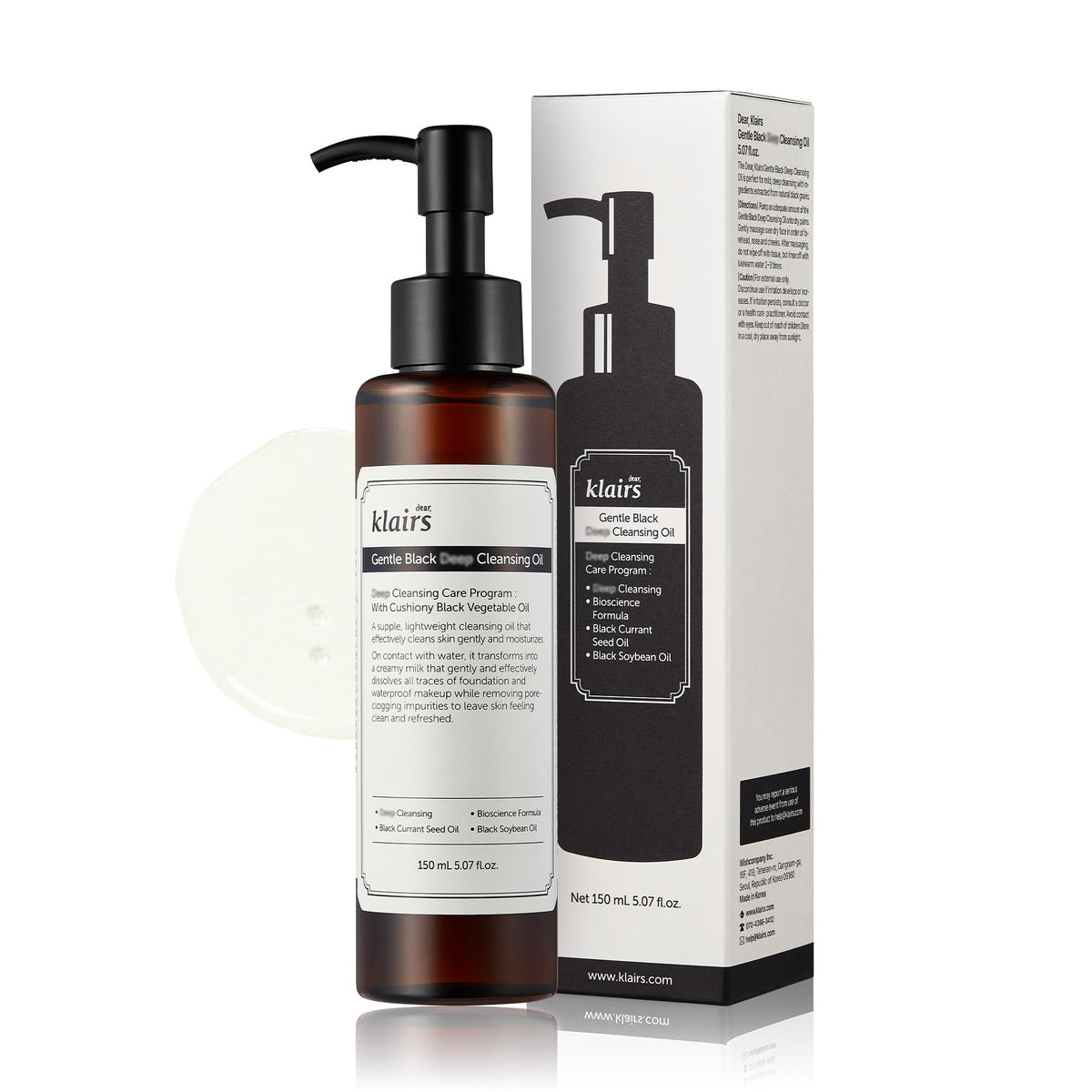 DearKlairs Gentle Black Cleansing Oil en flacon; démaquillage en douceur pour peau sensible