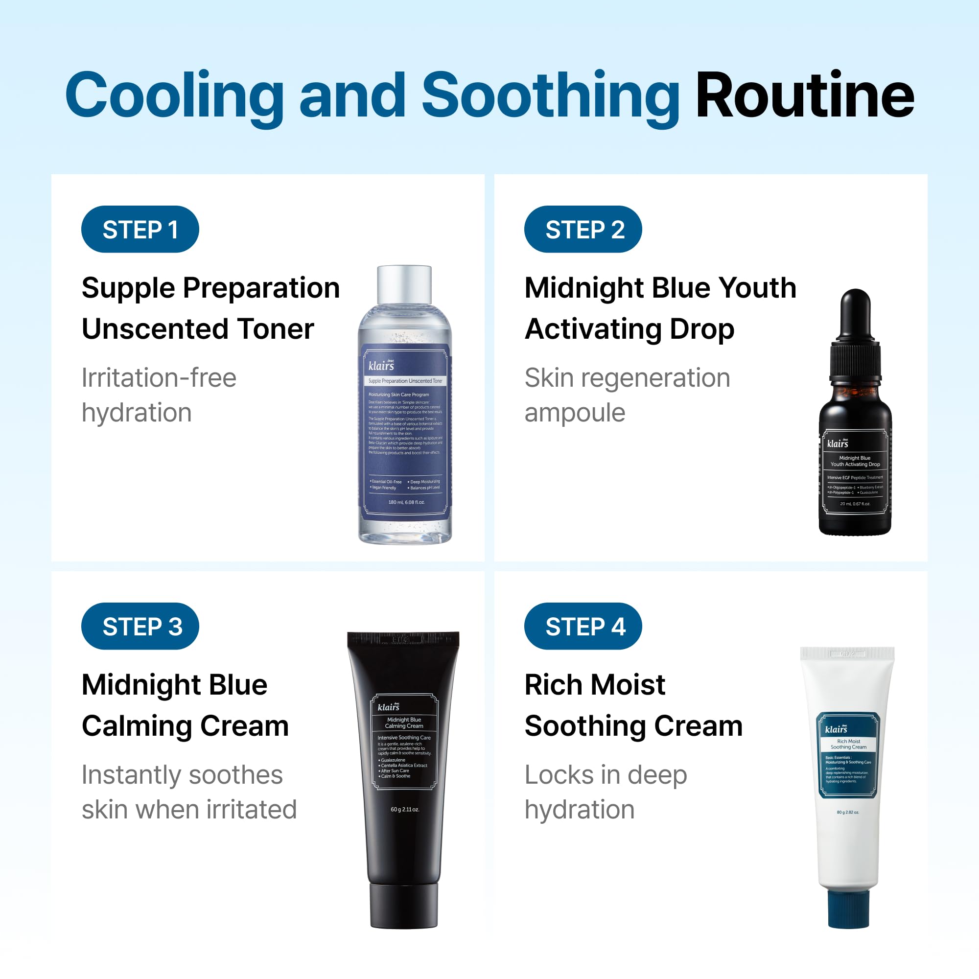 Après-soleil avec DearKlairs Midnight Blue Calming Cream pour rafraîchir la peau