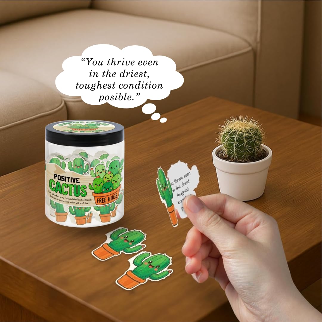 DEARMINE cactus designs on cards close-up with uplifting messages.