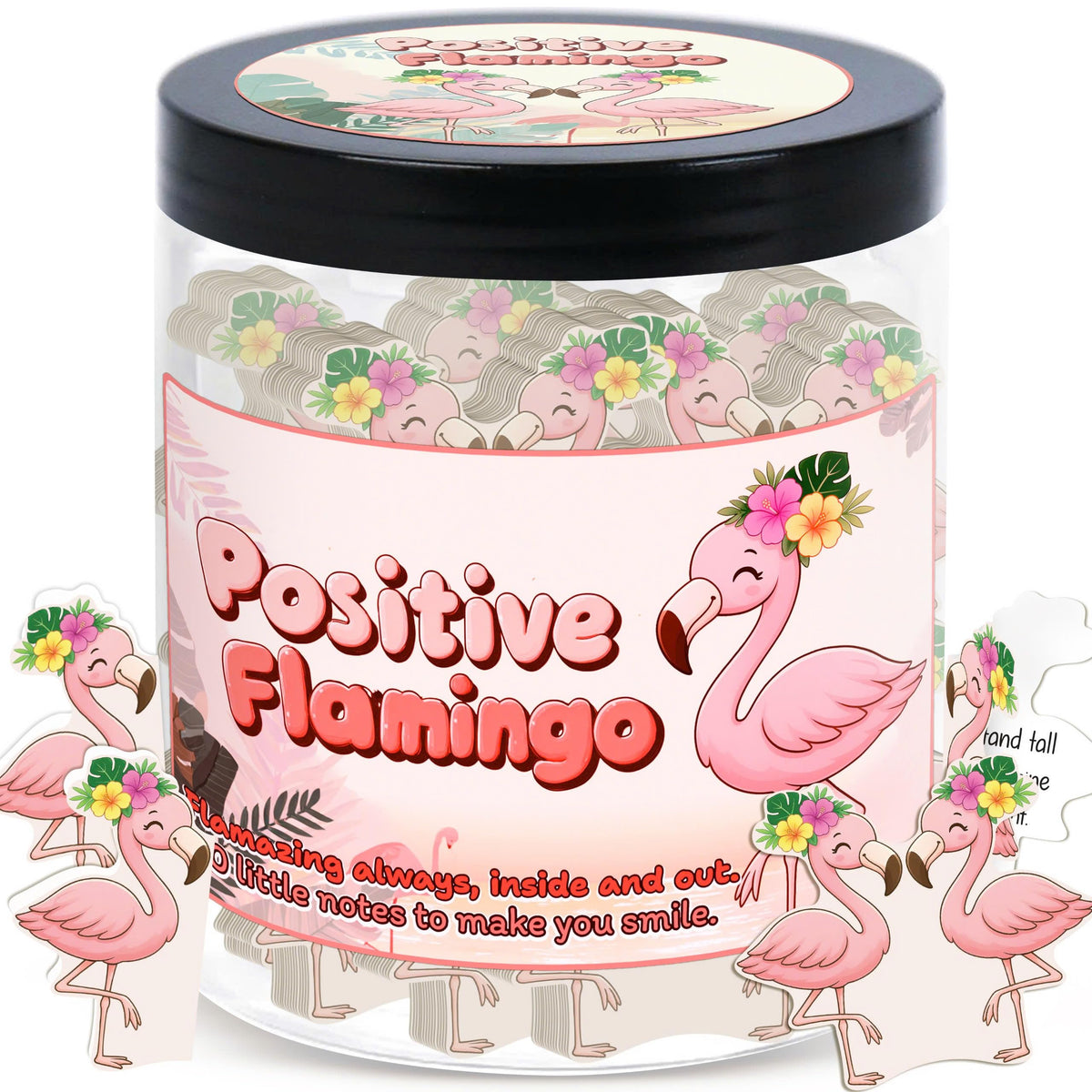 DEARMINE pot flamingo positif avec 60 cartes d'affirmations pour motivation quotidienne.