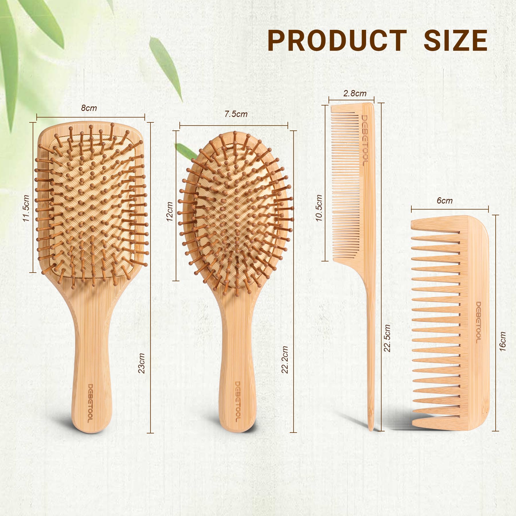 DEBETOOL brosse en bambou carrée pour démêlage délicat et contrôle