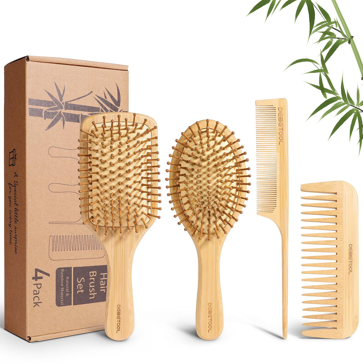 DEBETOOL brosse en bambou ronde pour stimulation du cuir chevelu et confort