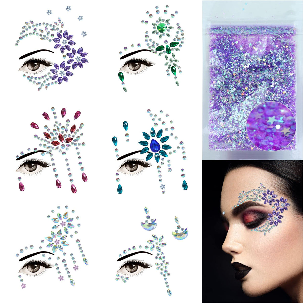 DECOYARDOO Face Jewels, stickers pierres sur visage pour un look scintillant et réutilisables