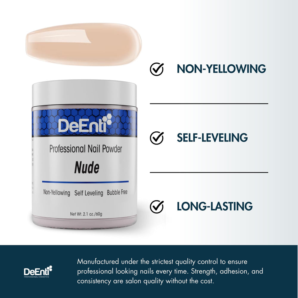 DeEnti Poudre Acrylique Nude auto-nivelant, résultat uniforme sans surfilage.