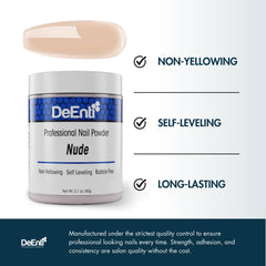 DeEnti Poudre Acrylique Nude auto-nivelant, résultat uniforme sans surfilage.