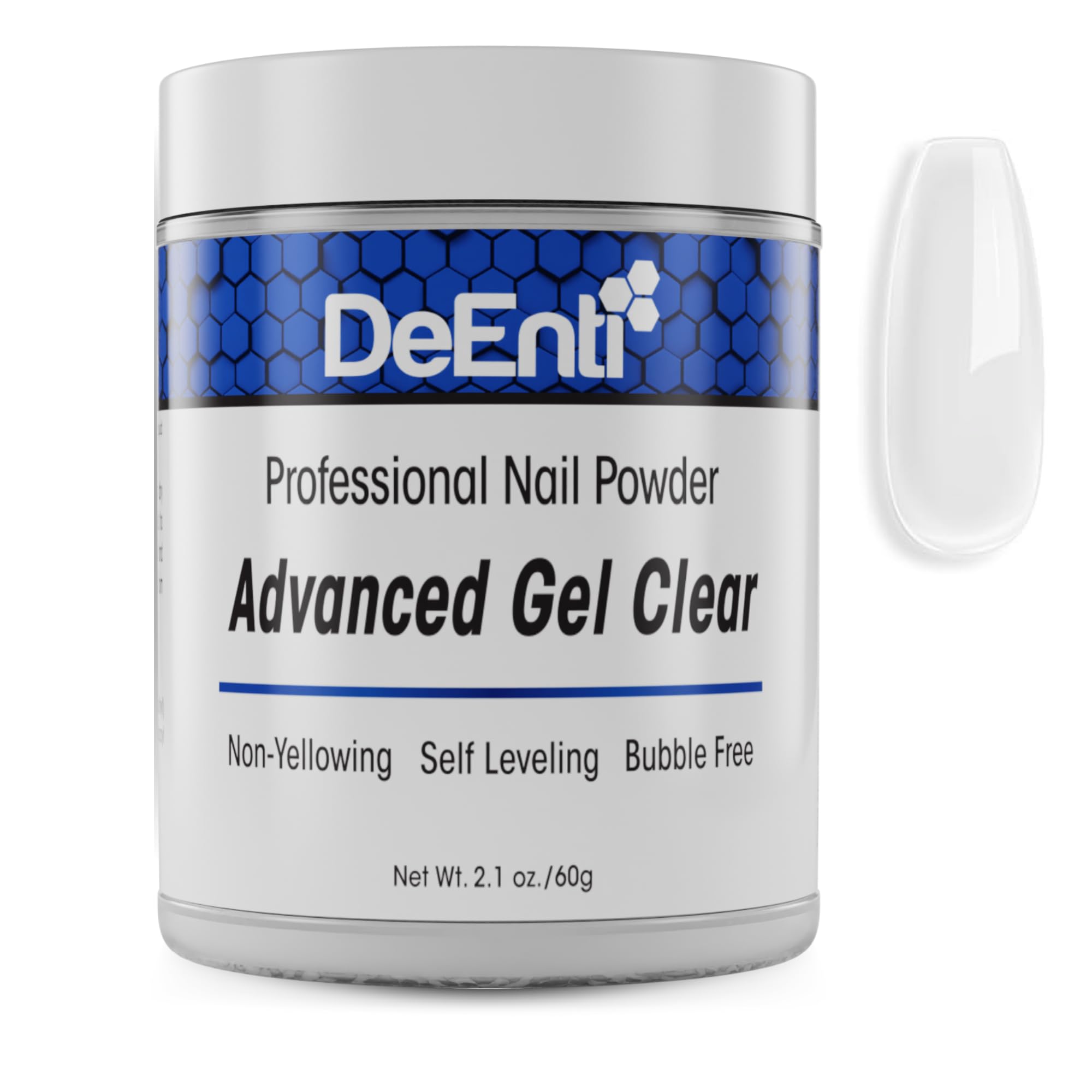 DeEnti poudre acrylique gel clair avancé, finition nette et durable pour superpositions.
