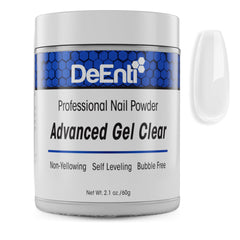 DeEnti poudre acrylique gel clair avancé, finition nette et durable pour superpositions.