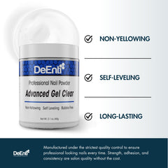 DeEnti poudre acrylique, clarté cristalline, adhésion forte pour extensions et faux ongles.