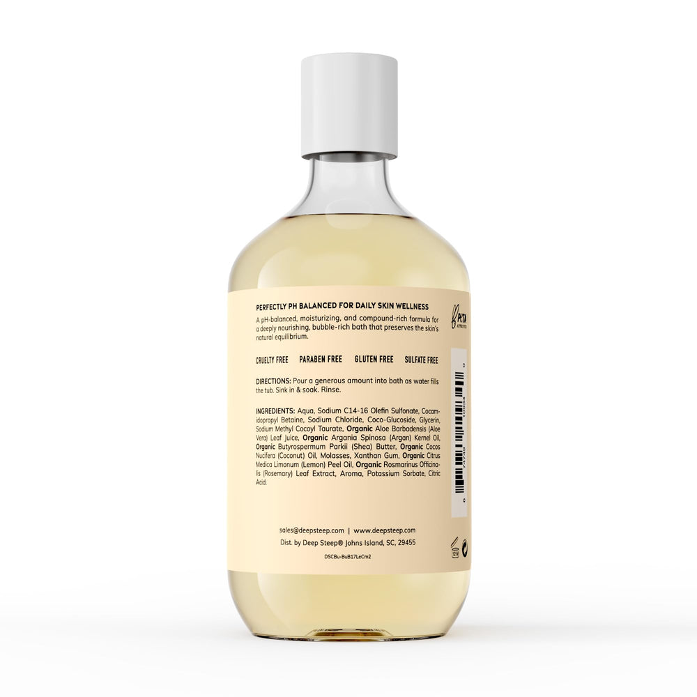 Deep Steep Bubble Bath Lemon Cream – bulles riches pour relaxation et hydratation.