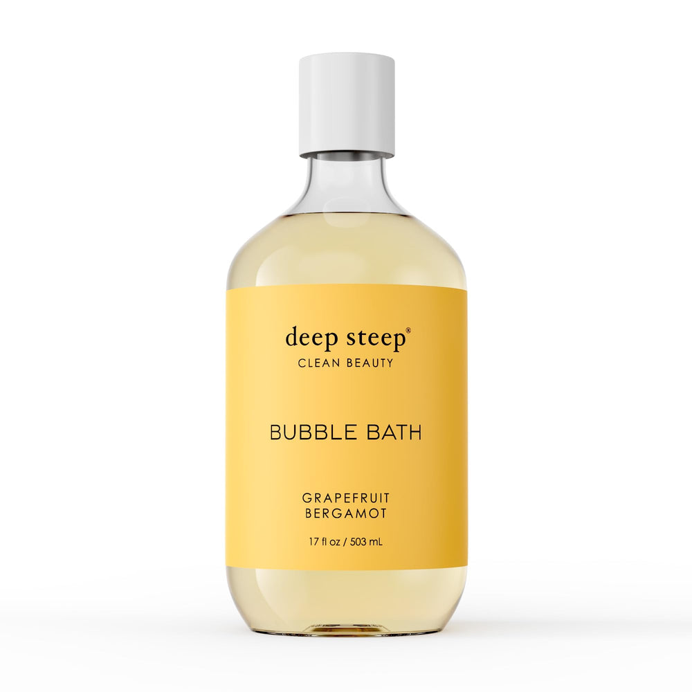 Deep Steep bain moussant pamplemousse-bergamote dans flacon, douceur et relaxation.