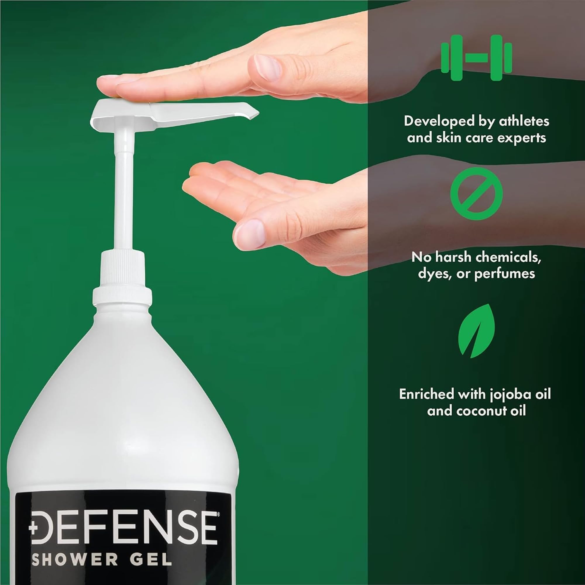 Defense Soap Gel Douche Menthe, huile de coco intégrée, peau réconfortée après la douche.