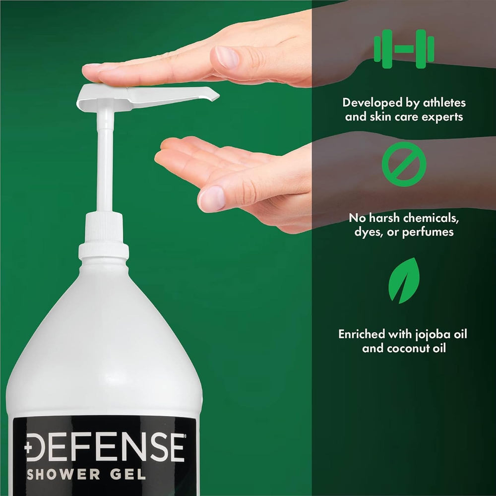 Defense Soap Gel Douche Menthe, huile de coco intégrée, peau réconfortée après la douche.