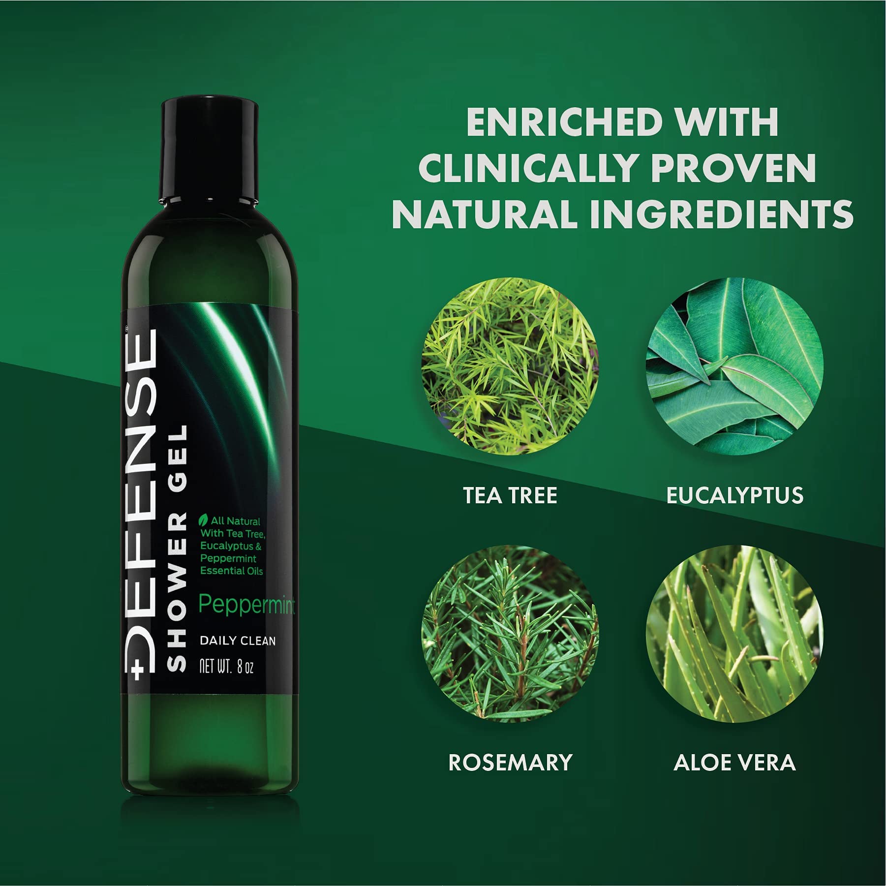 Defense Soap gel douche menthe-poivrée et arbre à thé, mousse riche nettoyant en profondeur.