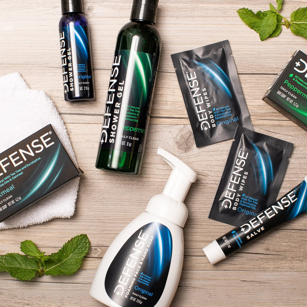 Defense Soap gel douche menthe-poivrée et arbre à thé, parfait après sport et récupération.