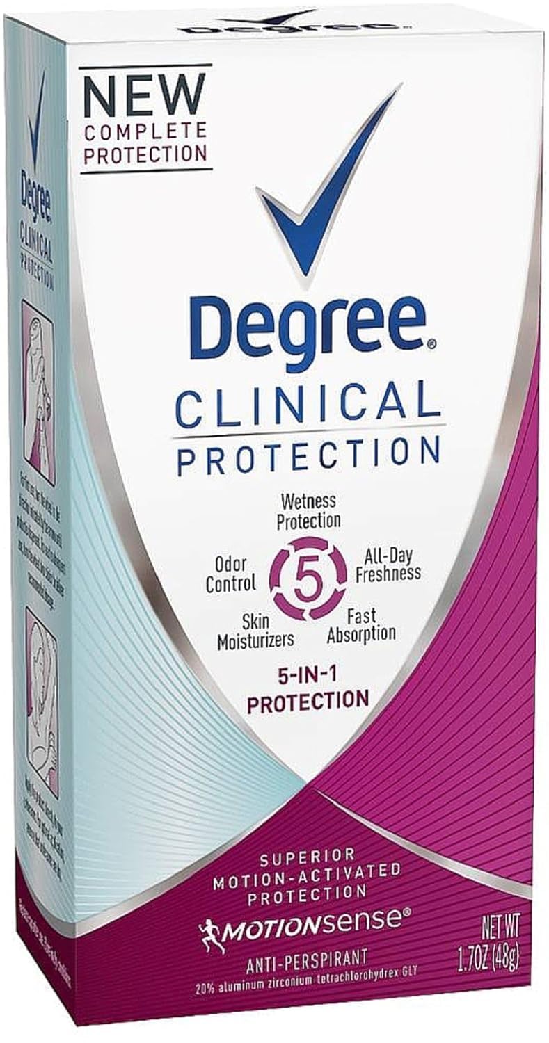 Degree Protection Clinique 5-en-1 bouteille offrant fraîcheur durable et protection anti-transpiration.