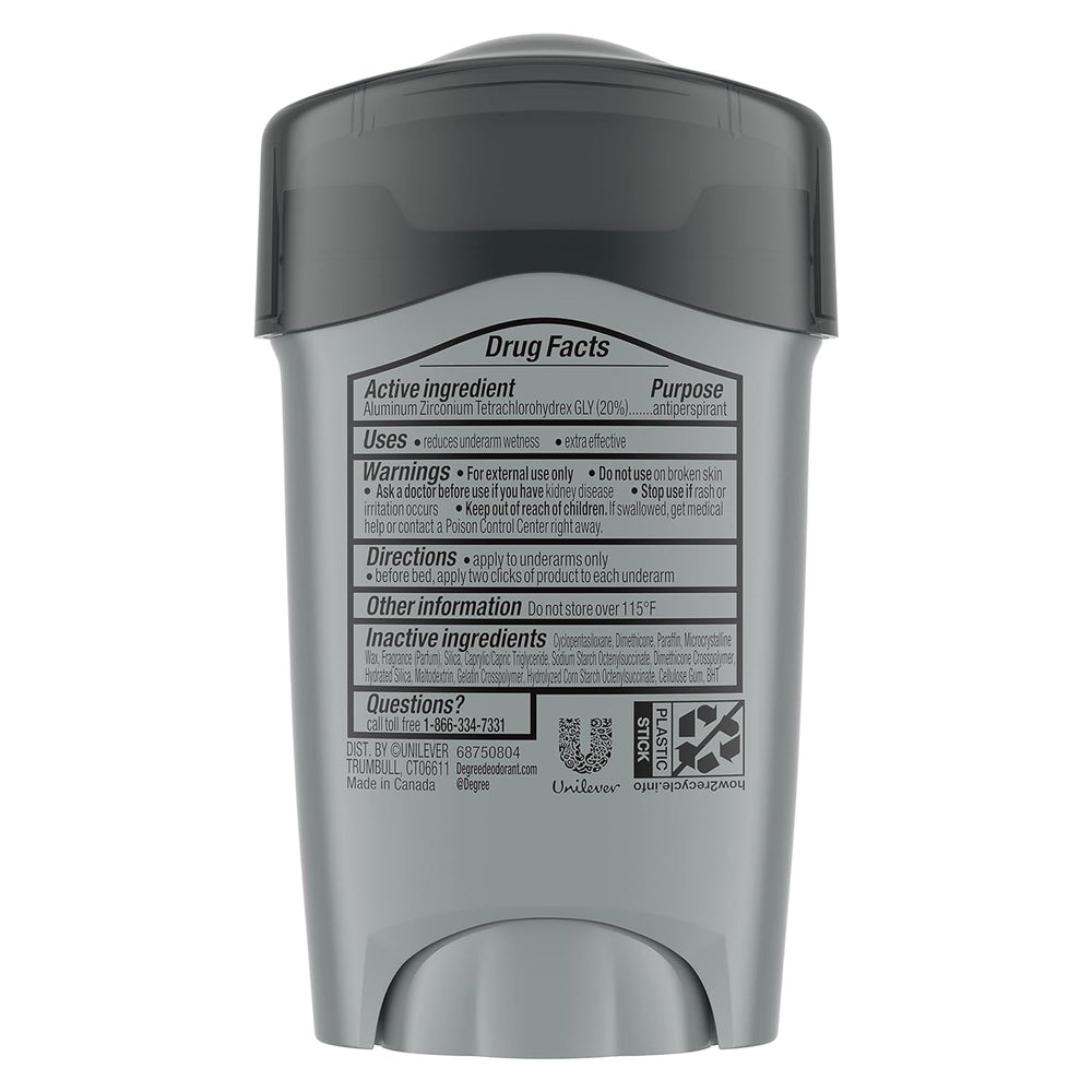 Degree Homme Propre Clinique Antiperspirant, boîte de six pour usage domestique ou voyage.