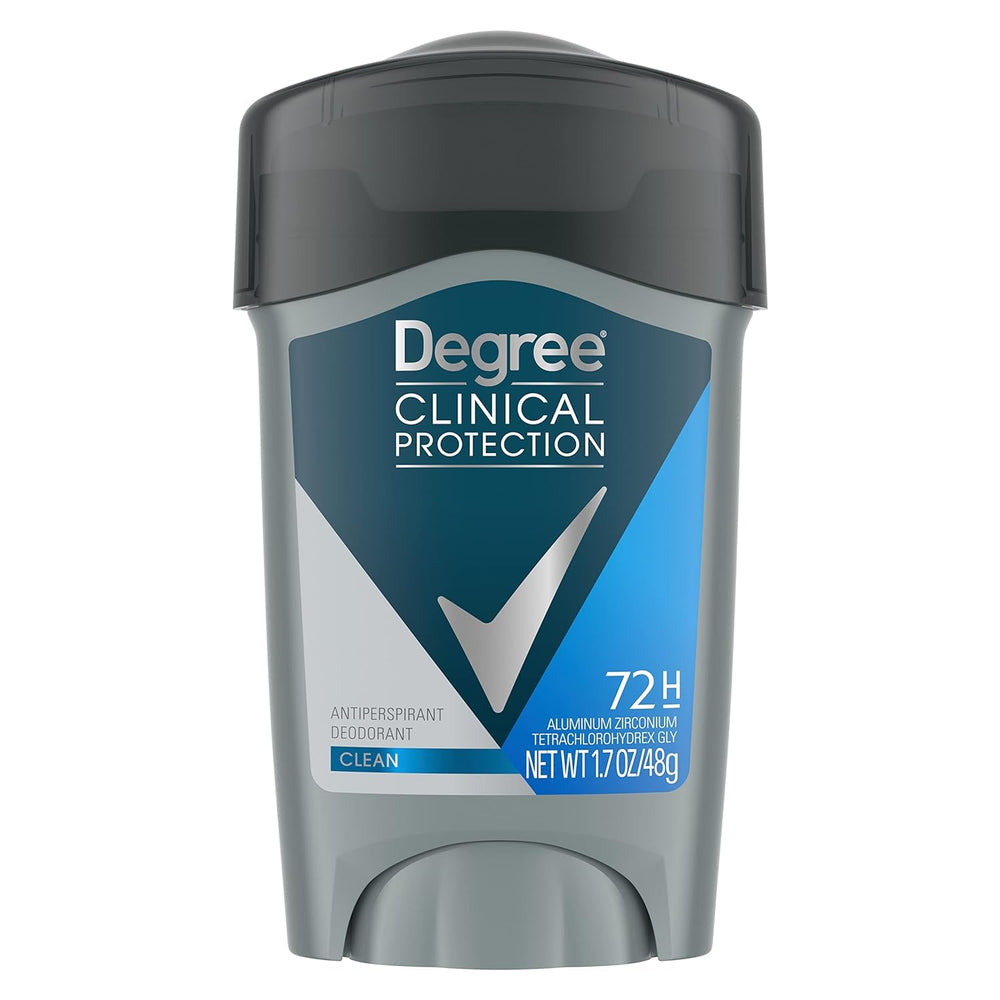 Degree Homme Propre Clinique Antiperspirant lot de six, protection durable contre transpiration et odeurs.