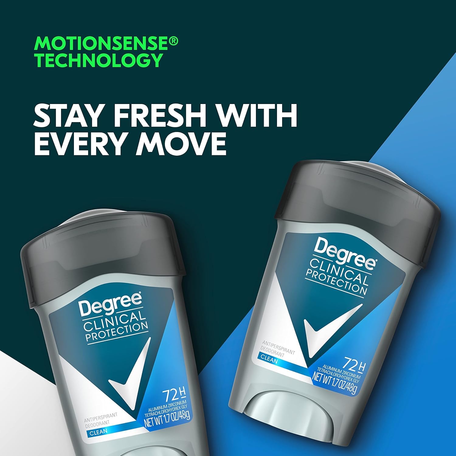 Degree Homme Propre Clinique Antiperspirant, protection jusqu’à 72 heures selon activité.