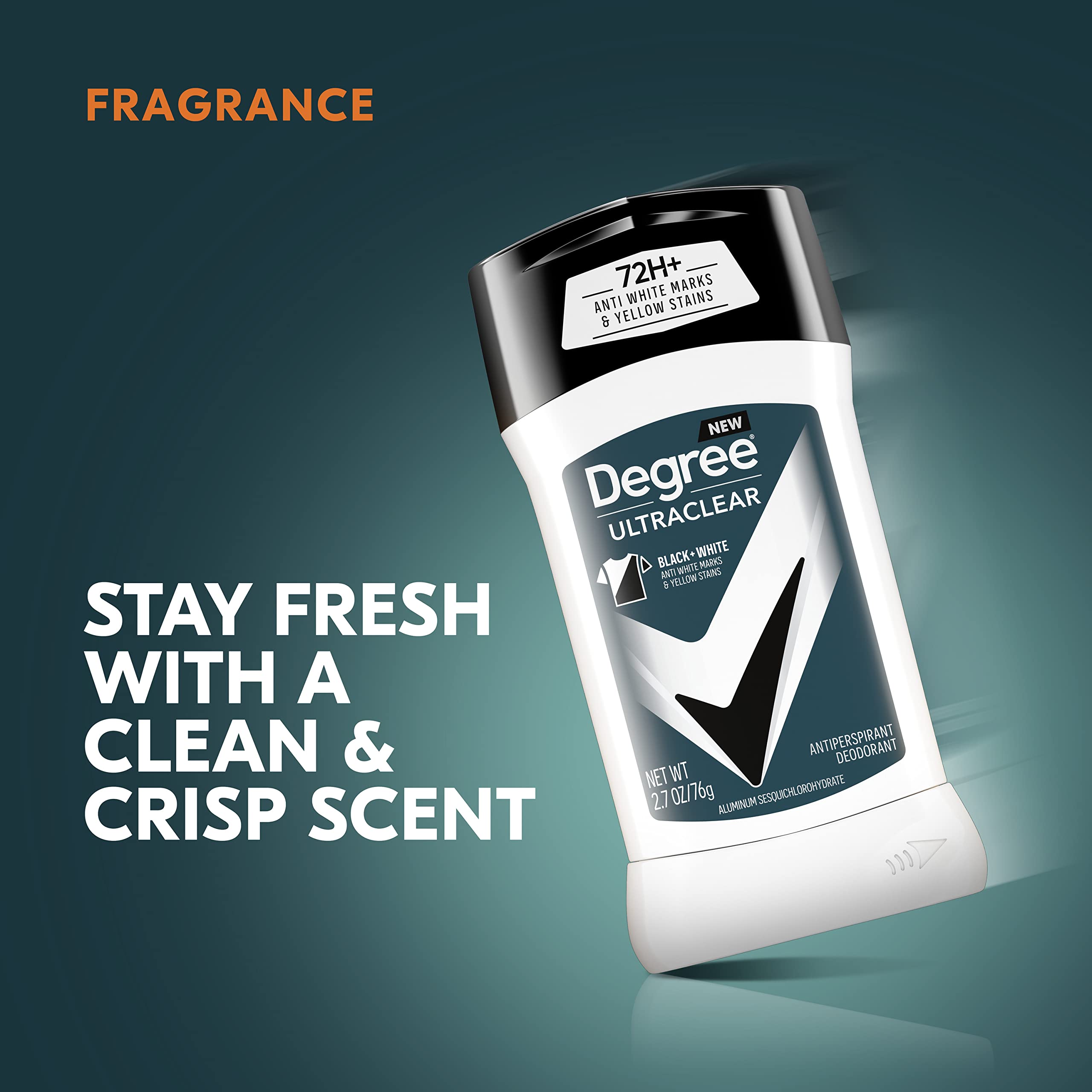 Parfum boisé Degree UltraClear offrant une fraîcheur durable.