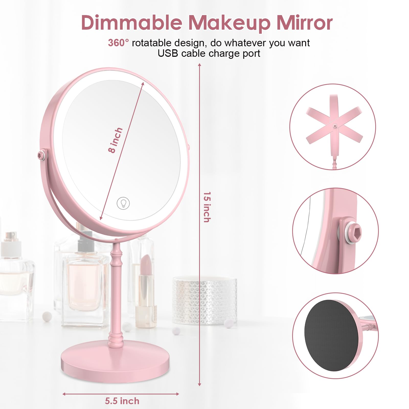 DEIOVWXS miroir lumineux rotation 360°, angle ajustable pour tous les angles